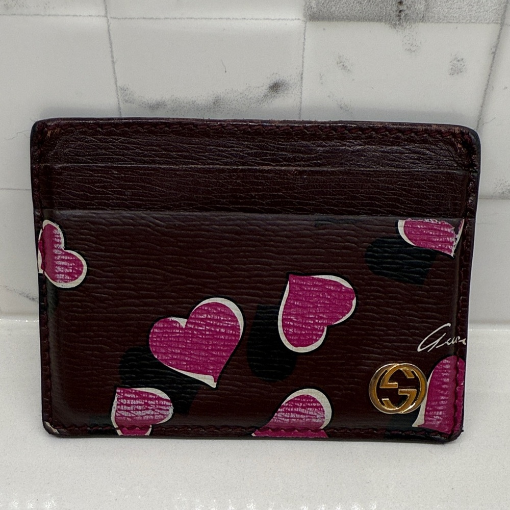 Gucci Burgundy Card Holder with Pink Hearts